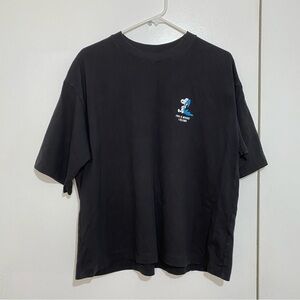 Black Graphic T-Shirt with Blue and White Design